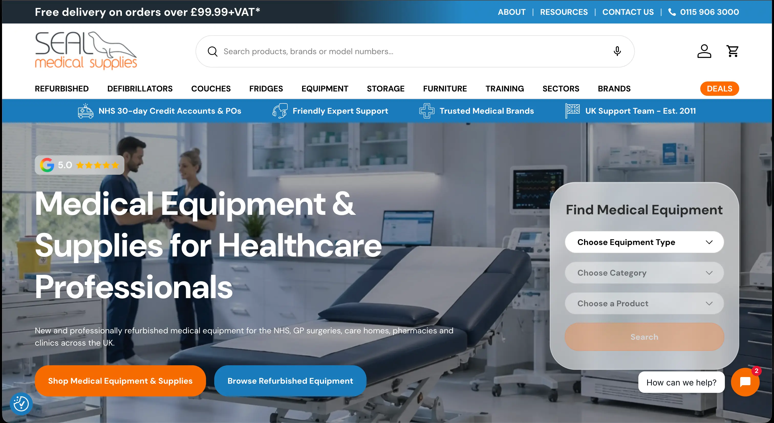 Seal Medical Supplies homepage showing its medical equipment finder